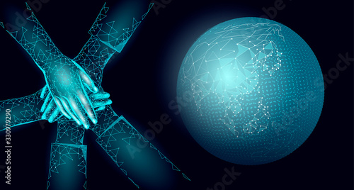 World global unity business concept. Together against problem. Teamwork international solution human protection. Multicultural organisation worldwide vector illustration map
