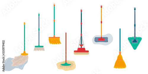 Brooms and mops equipment set. Hygiene handling objects, household mop and housework broom tools isolated on white background. Vector illustration.