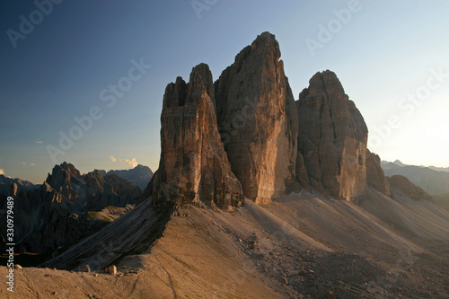 The north faces of the Tre Cime di Lavaredo, Three Peaks of Lavaredo, Dolomites, Italy
