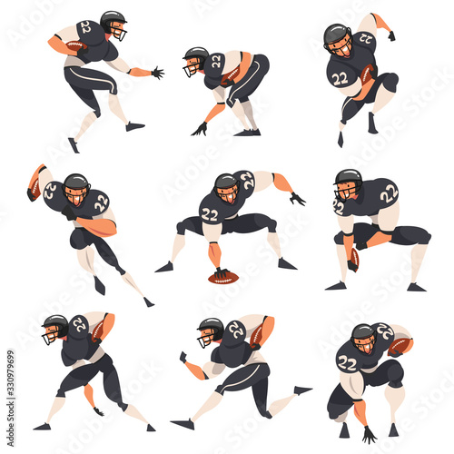 Collection of American Football Players, Male Athlete Characters in Black Sports Uniform and Protective Helmet in Action Vector Illustration
