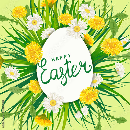 Happy Easter Eagg lettering template banner dandelions and daisies, grass, floral background photo