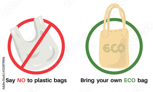 Ecological concept - no plastic bag, use your own eco bag, package slogan design. Pollution problem concept. Stop using disposable polythene package. Vector illustration.