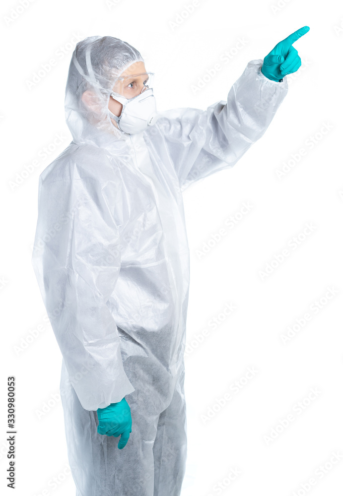 Lab technician gestures with his hand to the side. Isolated Lab technician gestures with his hand to the side. Isolated