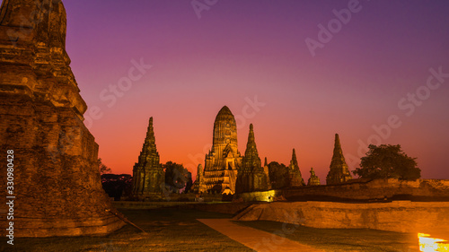 Landscape of  Wat Chai Watthanaram Temple in Buddhist temple Is a temple built in ancient times at Ayutthaya near Bangkok, Thailand in sunset time. © powerbeephoto