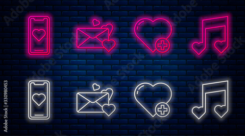Set line Envelope with heart, Heart, Mobile phone with heart and Music note, tone with hearts. Glowing neon icon on brick wall. Vector