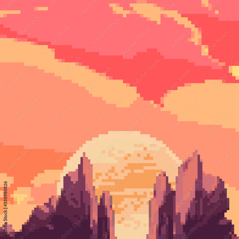 Pixel art background. Location with mountains, sun, trees and clouds. Landscape for game or application. 8 bit
