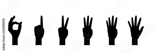 Set of Hand Silhouettes that show the numbers 0, 1, 2, 3, 4, 5 with flexion of the fingers. Vector Illustraion