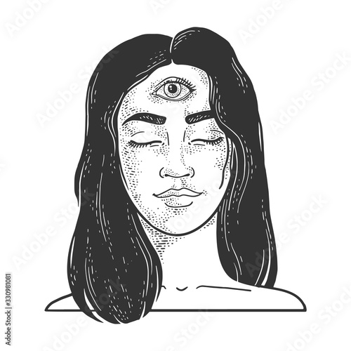 Clairvoyant girl woman with three eyes forehead sketch engraving vector illustration. T-shirt apparel print design. Scratch board imitation. Black and white hand drawn image.