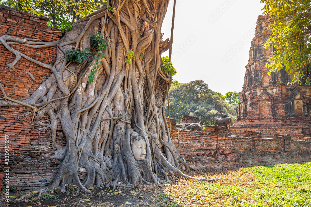 Buddha Head in Tree Roots at Wat Mahathat Temple Ayutthaya Thailand. Is the most popular place for foreign tourists. Buddha Head in Tree Roots at Wat Mahathat Temple Ayutthaya Thailand. Is the most popular place for foreign tourists.