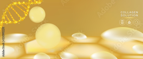 Hyaluronic acid skin solutions ad, gold collagen serum drop with cosmetic advertising background ready to use, illustration vector.	