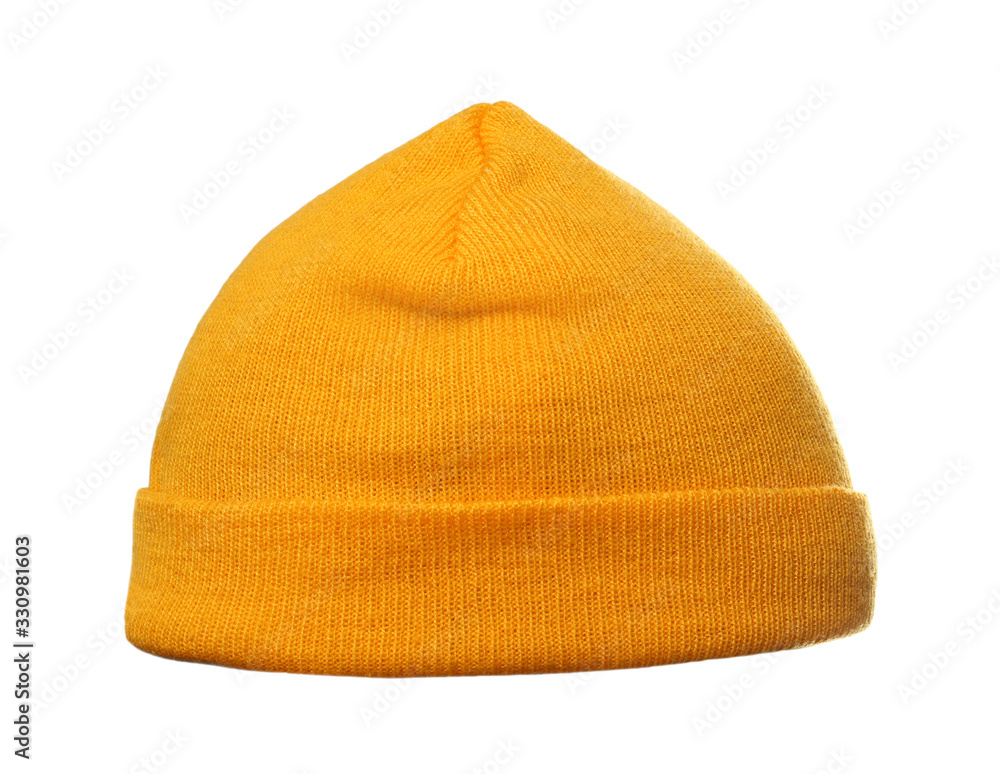 Woman wearing yellow knitted hat on white background, closeup. Winter sports clothes Woman wearing yellow knitted hat on white background, closeup. Winter sports clothes
