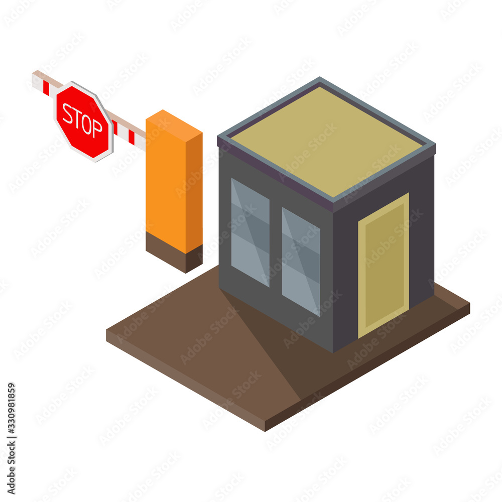 Isometric barrier at the border. Vector illustration of a security kiosk with a barrier. 3D illustration of a security checkpoint. Security check of an isometric building.