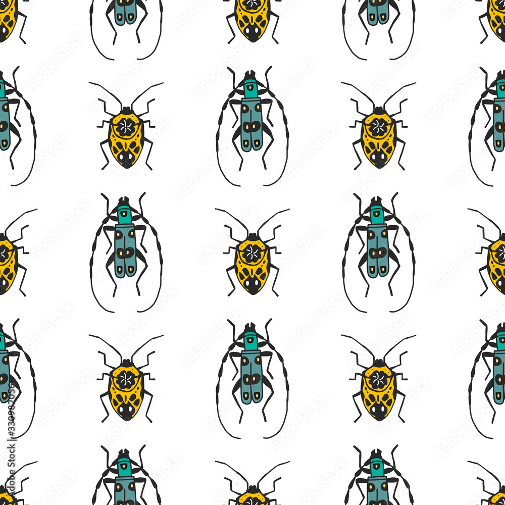 Fototapeta premium Seamless pattern with colorful bugs. Bright vector drawing of small beetles on a white background. flat design drawn by hand.For fabrics, packaging paper, tableware design, website banners, Wallpaper.