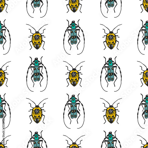 Seamless pattern with colorful bugs. Bright vector drawing of small beetles on a white background. flat design drawn by hand.For fabrics, packaging paper, tableware design, website banners, Wallpaper. © Svetlana