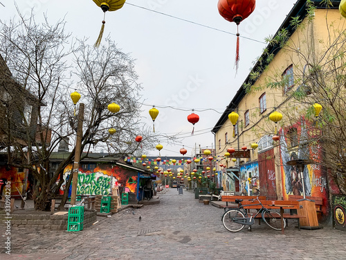 Street in the freetown Christiania alternative community. Copenhagen, Denmark. February 2020 photo