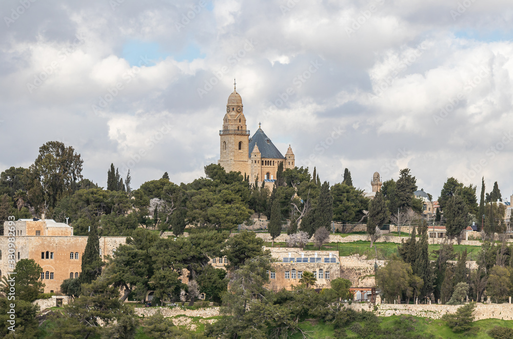 View of the old town and Dormition Abbey in Jerusalem old city in Israel