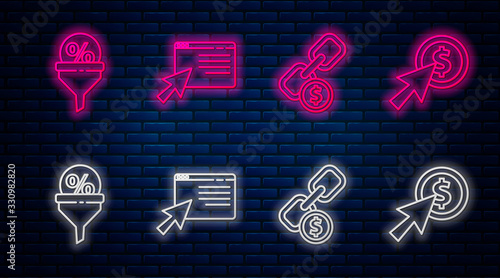 Set line Online shopping on screen, Chain link and coin, Lead management and Cursor and coin. Glowing neon icon on brick wall. Vector