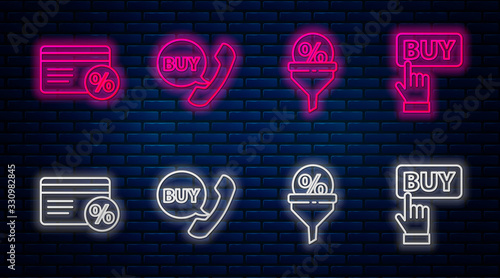 Set line Phone and speech bubble with Buy, Lead management, Discount card with percent and Buy button. Glowing neon icon on brick wall. Vector