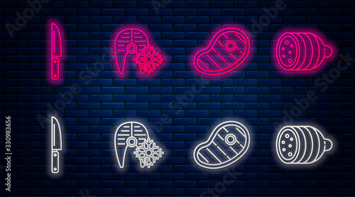 Set line Fresh frozen fish steak, Steak meat, Knife and Salami sausage. Glowing neon icon on brick wall. Vector