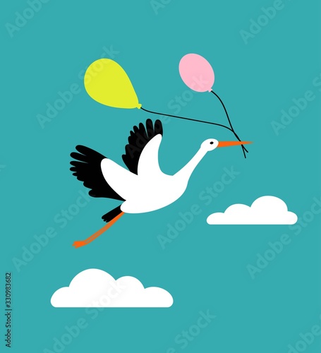 Stork flying in the sky and holding air balloons. Cute bird character for nursery, babyshower, poster or greeting card. Flat cartoon style.