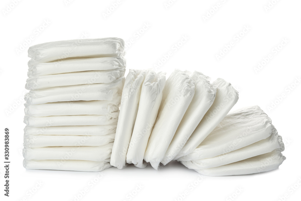 Pile of baby diapers isolated on white Pile of baby diapers isolated on white