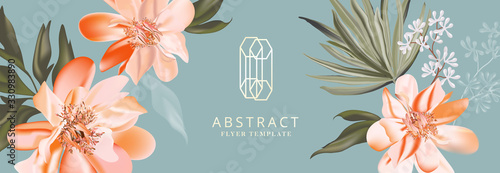 Peony orange bloom, floral greeting card with golden logo, party invitation, holiday sales, poster, web page, packaging, header. Realistic Vector.