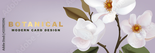 White Magnolia romantic floral advertising: promotion banner, greeting card, party invitation, holiday sales, poster, website banner, packaging, email discount template. Horizontal Vector.