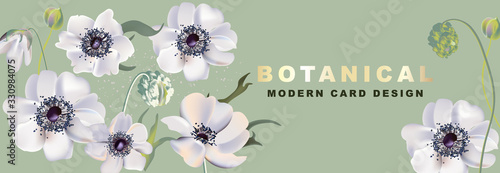 Anemones  realitic floral header, Vector 2020. Watercolor flower bloom plent design for cosmetics, spa, perfume, health care products, aroma, wedding invitation, website banner photo