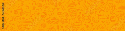 Seamless horizontal pattern with summer travel hand drawn icons on orange background. Vector illustration.