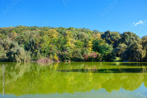 spring scenery with lake and green forest