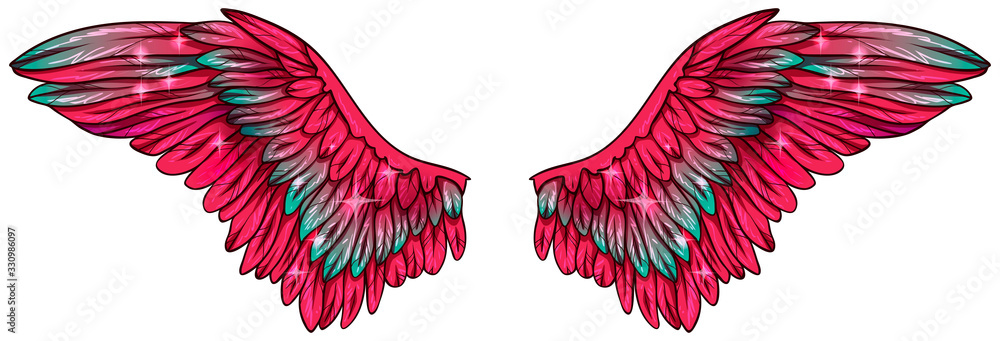 Fototapeta Beautiful magic glowing gradient bright fuchsia pink green vector wings