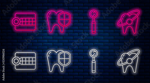 Set line Dental protection, Dental inspection mirror, Dentures model and Tooth whitening concept. Glowing neon icon on brick wall. Vector