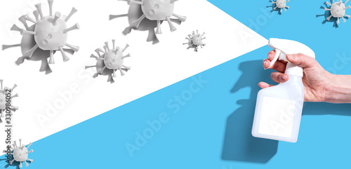 Spray bottle with viral epidemic influenza concept