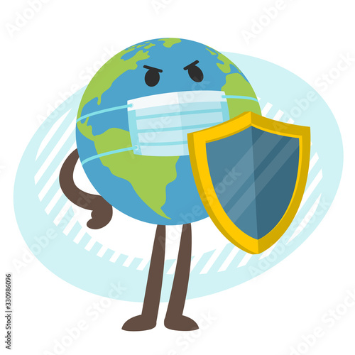 Planet Earth character in the medical mask with the shield.
