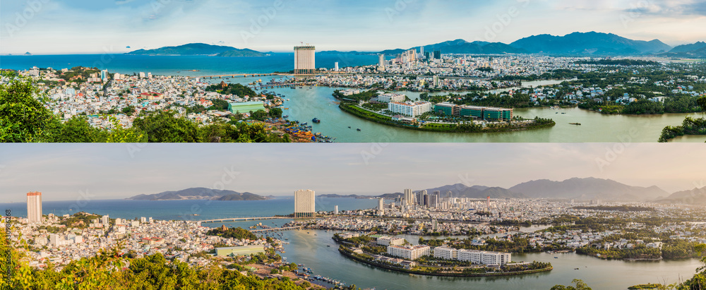 Fototapeta Panorama of the city of Nha Trang 2017 and 2020. City change, Vietnam. Panoramic daytime view of Nha Trang city, popular tourist destination in Vietnam