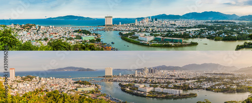 Fototapeta Panorama of the city of Nha Trang 2017 and 2020. City change, Vietnam. Panoramic daytime view of Nha Trang city, popular tourist destination in Vietnam
