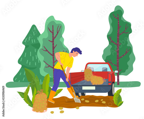 Male character working on farm, farming man digging out potato. Transportation of harvested vegetables put in bags. Agriculture seasonal work on field, person with spade in yard, vector in flat