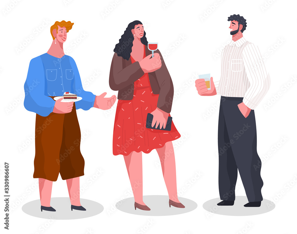 Friends have conversation, spending time together. Home reception, banquet with food and drinks. Men hold glass in hand and guy stand with cake on plate. People isolated on white. Vector illustration