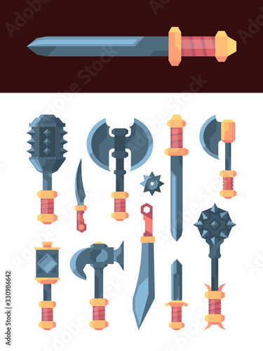 fairytale weapons. medieval perky knives steel axes clubs and swords for warriors or knights. vector weapons for games