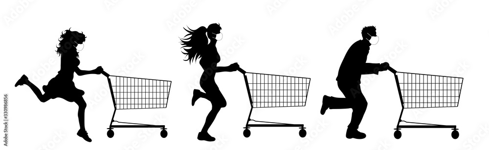 Set of vector silhouette of people push shopping cart with medical mask on white background. Symbol of shop accessories and healthy protection. Set of vector silhouette of people push shopping cart with medical mask on white background. Symbol of shop accessories and healthy protection.