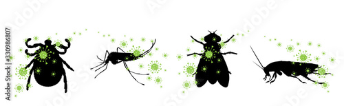 Set of vector silhouette of insect spreading bacteria on white background. Symbol of annoying insect and danger of diseases.