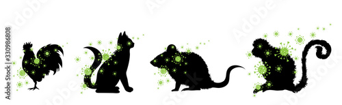 Set of vector silhouette of different animal spreading bacteria on white background. Symbol of animal and healthy.