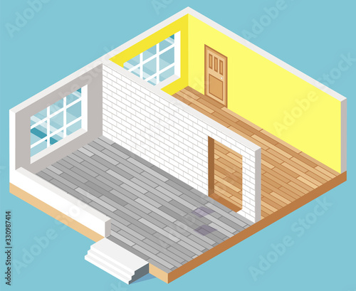 Empty flat, apartment rooms interior without furniture. Isometric view concept plan or project living home with door and windows 3D vector illustration