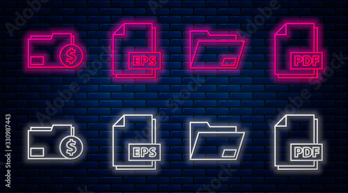 Set line EPS file document, Document folder, Finance document folder and PDF file document. Glowing neon icon on brick wall. Vector