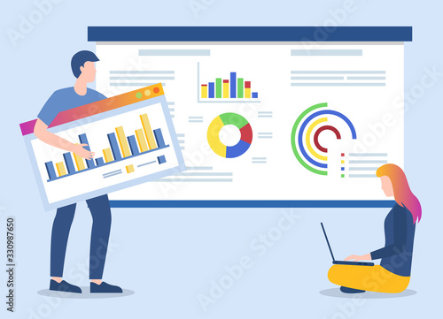 Man and woman working with data and information structure in visual form. People dealing with statistics and analytics. Male holding board with charts and infographics, lady using computer vector