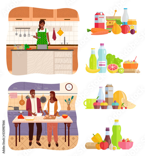 Collection of meals, dietary menu with healthy ingredients. People cooking at home in kitchen. Couple in love preparing food for occasion, female character making meals boiling soup, vector in flat
