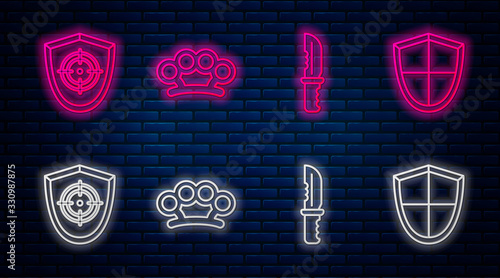 Set line Brass knuckles, Military knife, Target sport and Shield. Glowing neon icon on brick wall. Vector