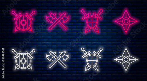 Set line Crossed medieval axes, Medieval shield with crossed swords, Wooden shield with crossed swords and Japanese ninja shuriken. Glowing neon icon on brick wall. Vector