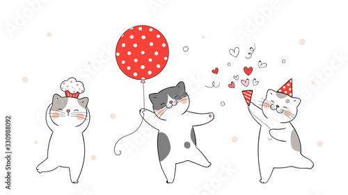Draw banner cute cat with red balloon For birthday.