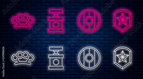 Set line Handle detonator for dynamite, Round wooden shield, Brass knuckles and Police badge. Glowing neon icon on brick wall. Vector